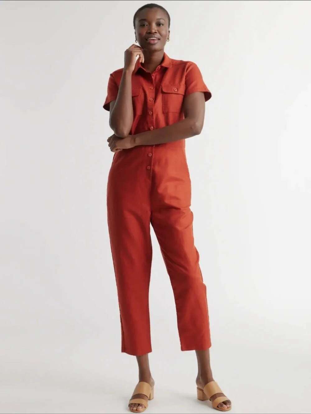 ​NWT Quince Cotton Linen Twill Coverall Jumpsuit Rust Red Utility Boiler Suit S